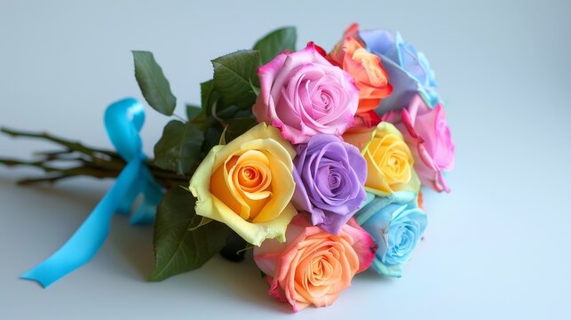  Bouquet of colorful rainbow colored roses