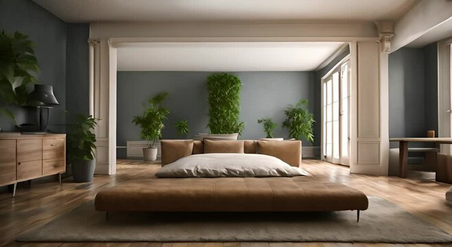 3d house interior, green plants