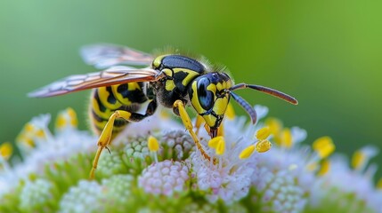 The bee makes honey on the flower's core -- up close