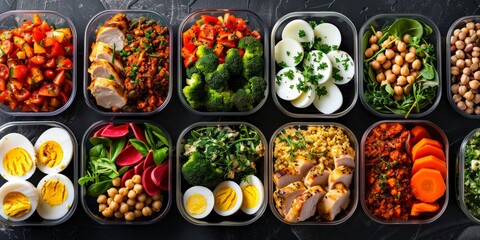 Various healthy meals in meal prep containers on a dark background