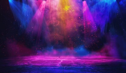 An empty stage comes alive with a cosmic light show, featuring vibrant hues of blue and pink,...