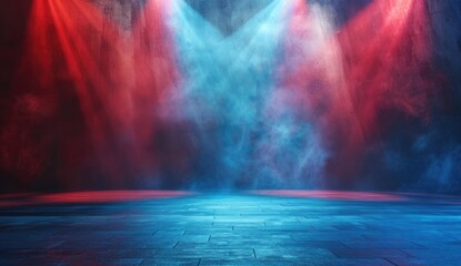 Mystical Stage with Blue and Red Smoke Beams - obrazy, fototapety, plakaty