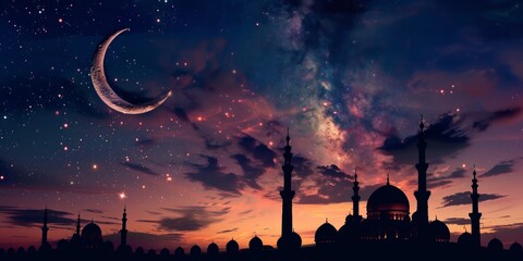 Mosque silhouette with a crescent moon and stars in a night sky - obrazy, fototapety, plakaty