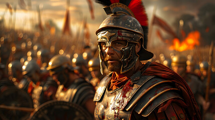 Bloody Roman soldier fighting during a battle. Ancient Rome - obrazy, fototapety, plakaty