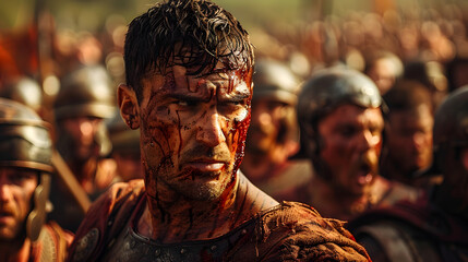 Bloody Roman soldier fighting during a battle. Ancient Rome