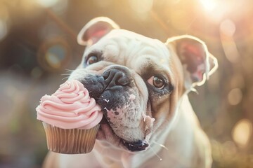 A bulldog savors a cupcake under soft morning light close-up view captures the joy - obrazy, fototapety, plakaty