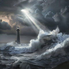 A resilient lighthouse stands amid turbulent sea waves during a thunderstorm, with a lightning strike illuminating the scene.