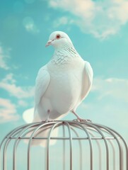 A majestic white pigeon perched on top of a sturdy cage