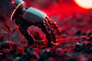 Papier Peint photo Lavable Bordeaux Robot hand gently tending to a small green plant on a red, Martian-like landscape, futuristic agriculture concept.