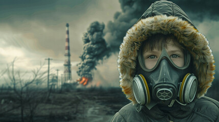 Kid in protective mask nuclear detonation scene - obrazy, fototapety, plakaty