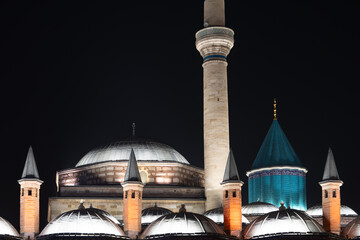 Mevlana Celaleddin Rumi Tomb and Mosque (Mevlana Türbesi ve Cami) Night Lights Drone Photo,...