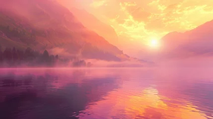 Keuken foto achterwand Surreal Sunset Over Misty Mountain Lake . Sunrise over a tranquil mountain lake, mist rising, reflections of pink and gold. © banthita166