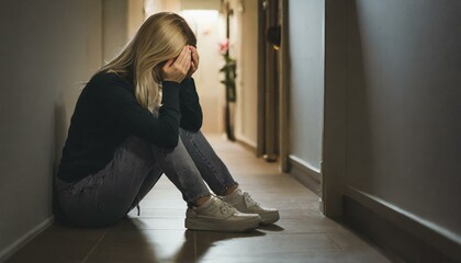 Sad Young Woman Sitting on the Floor In the Hallway of Her Appartment, Covering Face with Hands