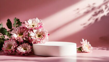 Obraz na płótnie Canvas Round podium platform stand for beauty product presentation and beautiful flowers on pink background. with shadows