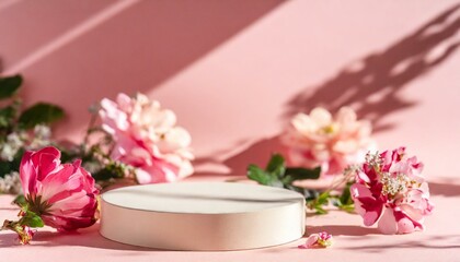 Fototapeta na wymiar Round podium platform stand for beauty product presentation and beautiful flowers on pink background. with shadows