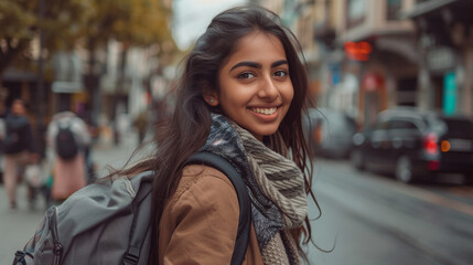 Fototapeta premium Indian young woman posing for camera, standing on city street with backpack and looking smiling
