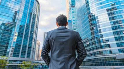 Fototapeta premium Businessman in suit with business office glass modern buildings background