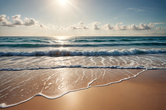 The image features a sandy beach with a gentle wave rolling in. The sky is blue with some clouds. The sun is shining brightly in the sky.