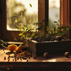 A bowl of spices and a lemon on a table