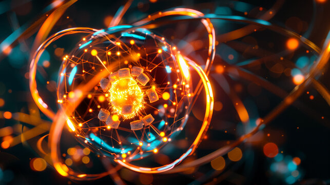 Nuclear fusion reactor simulation of atomic collision to release mass power in digital laboratory on the black isolated professional color grading