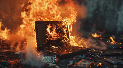 Raging fire broken laptop and mobile - obrazy, fototapety, plakaty