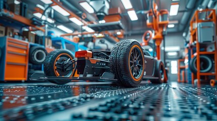 Precision assembly line showcasing a high-performance car's wheel and chassis in a state-of-the-art automotive factory.