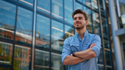 Portrait of a successful young male designer, engineer standing outside an office center, crossing his arms on his chest and looking to the side with a smile - Powered by Adobe