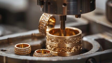 A close-up view of a CNC machine precisely engraving detailed patterns on elegant gold jewelry rings, highlighting fine craftsmanship. - obrazy, fototapety, plakaty
