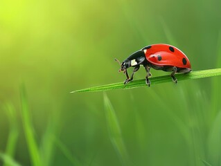 A ladybug is on a green leaf