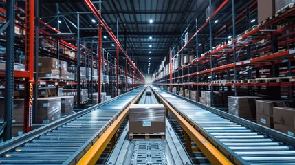 Naklejka premium Perspective view of a package moving along the conveyor system in a large distribution warehouse with tall storage racks.