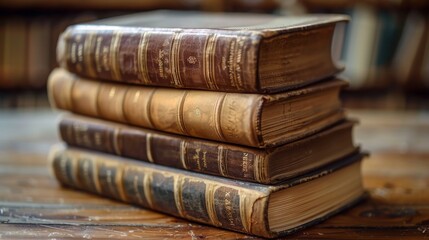 Naklejka premium Close-up of a stack of vintage, weathered leather-bound books on a wooden table, evoking a sense of history and nostalgia.