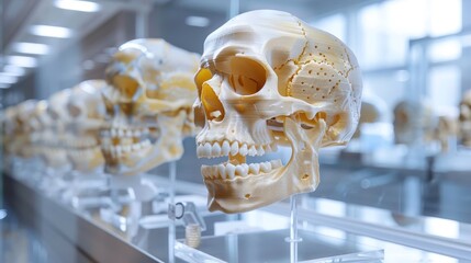 Fototapeta premium A series of precision 3D-printed human skulls on display, serving as educational tools for medical and anatomical studies.