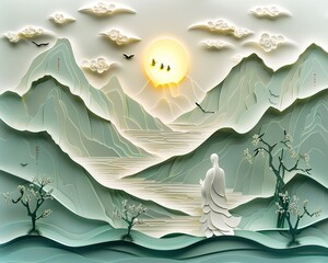 A peaceful scene depicting Hok Lok Siu in harmony with nature surrounded by mountains - obrazy, fototapety, plakaty