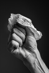 A hand holding a piece of paper with a fist clenched