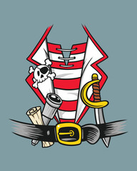 Stylized vector illustration of a classic pirate costume with accessories on a gray background
