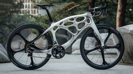 Fototapeta premium This image showcases a state-of-the-art 3D-printed bicycle featuring an organic frame design that blends cutting-edge technology with high-performance cycling.