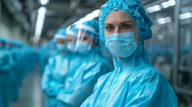 A Team Of Dedicated Medical Professionals Dressed In Sterile Uniforms, Including Masks And Face Shields, In A Clinical Setting.