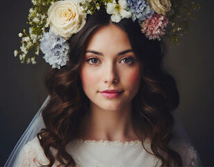 Close up no rosto de uma jovem mulher, vestida de noiva, com flores na cabeça.