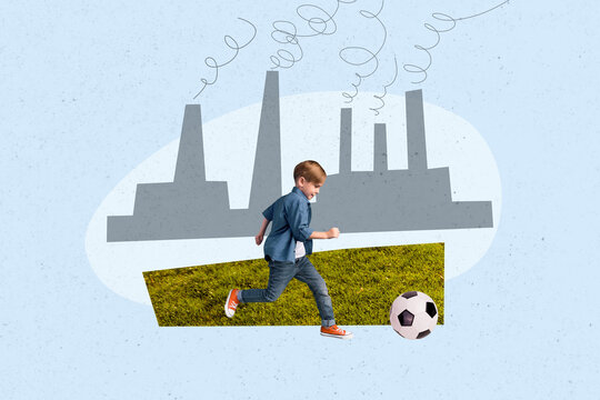 Creative composite photo collage of adorable child play football while industrial plant polluting air isolated on painted background