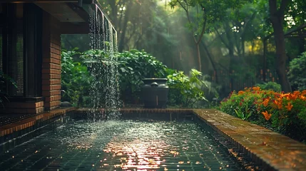 Deurstickers Rainwater harvesting system, nature lover, lush garden backdrop, photography, backlights, vignette © Oranuch