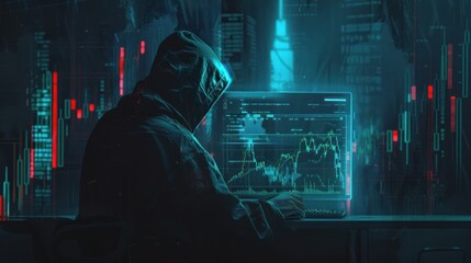 A lone hacker works on a laptop with financial market data illuminating the darkened room