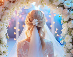 Uma jovem mulher de costas, vestida de noiva, com um arco de flores.