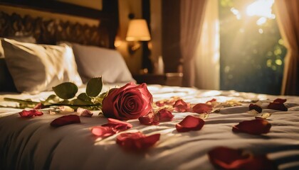  Rose on the bed in the hotel rooms. Rose and her petals on the bed for a romantic evening - obrazy, fototapety, plakaty