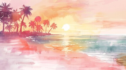 Tropical Sunset Watercolor with Palms and Ocean
