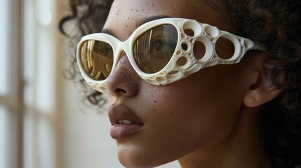 Close-up of a young woman wearing designer 3D-printed sunglasses, embodying modern fashion and technology.