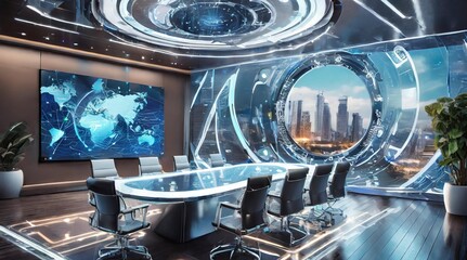 A high-tech conference room with a futuristic design and state-of-the-art AV equipment. - obrazy, fototapety, plakaty