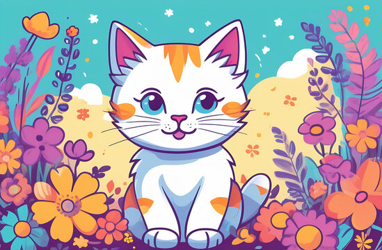 Small cute cat kitten plays in flowers in the garden and garlands beautiful cartoon illustration