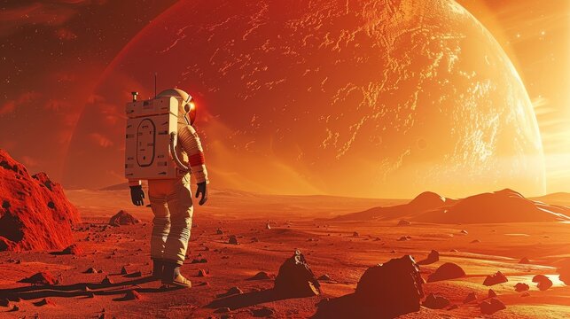 An astronaut stands on the rocky Martian surface, gazing at the horizon, with a large red planet looming in the sky.