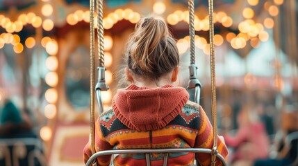 Young Child Enjoying Carousel Ride at Amusement Park, Festive Evening Lights.