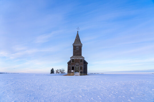 Abandoned Christ Lutheran Church in winter in rural Saskatchewan; Francis, Saskatchewan, Canada